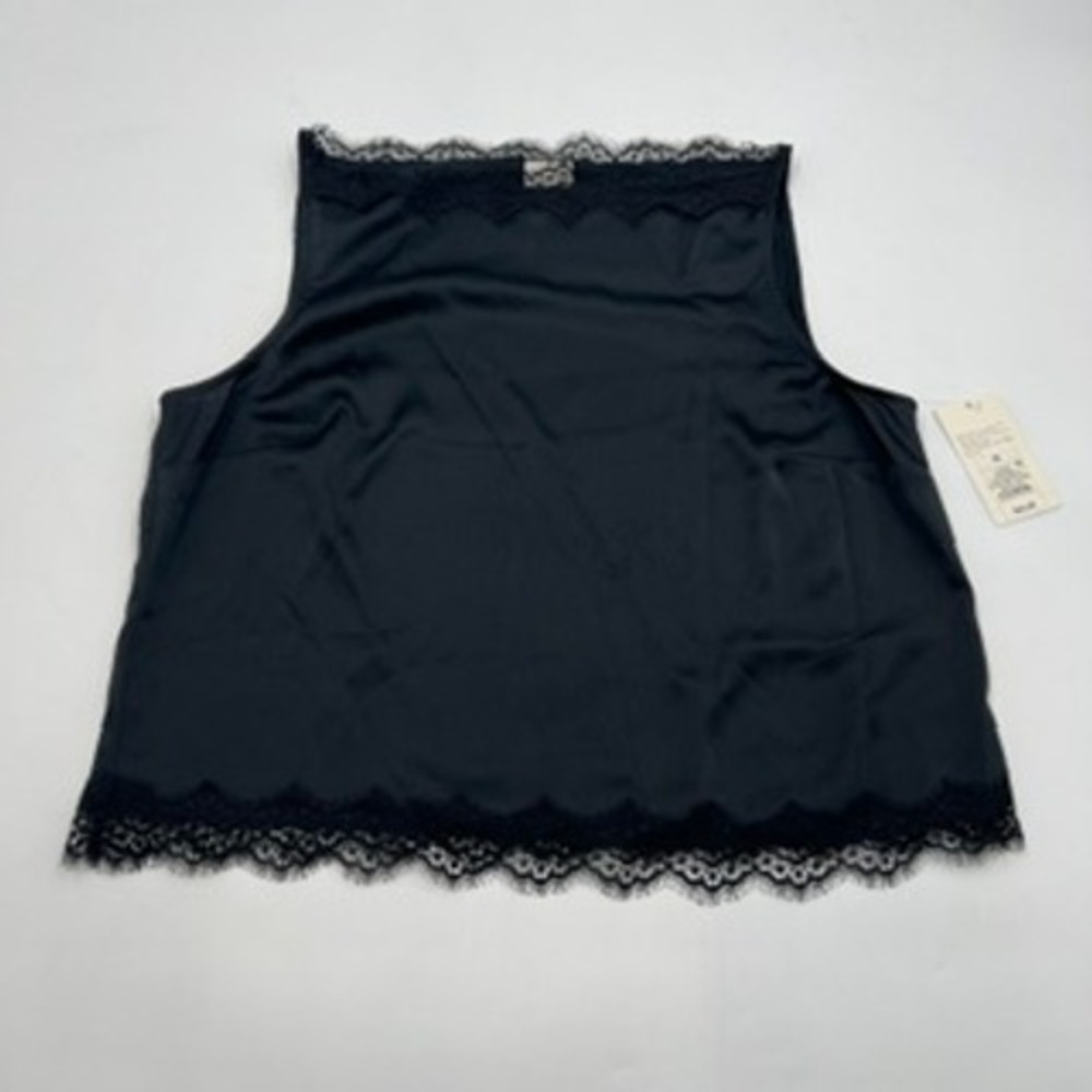 A New Day Womens Black Satin Lace Trim Tank Top Sleeveless Blouse Medium NWT